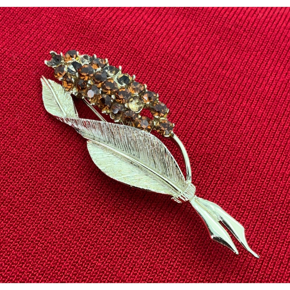 Vintage Signed PELL Floral Pin with Brown Glass Stones (Read)